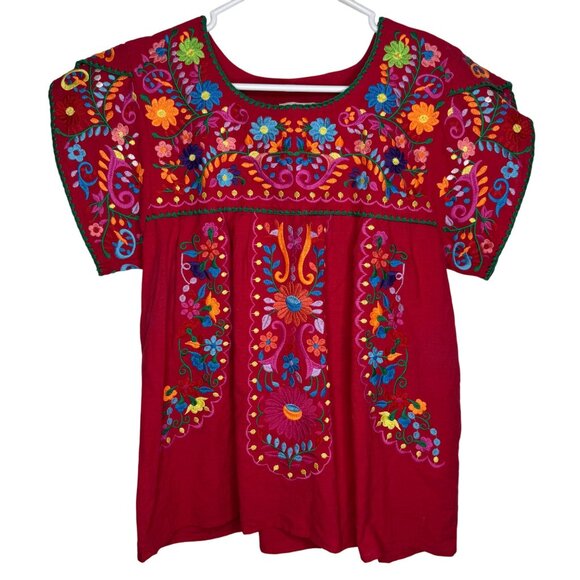 YZXDORWJ Red Floral Embroidery Tulip sleeve Mexican Bohemian Tunic Top Women M - Picture 1 of 9